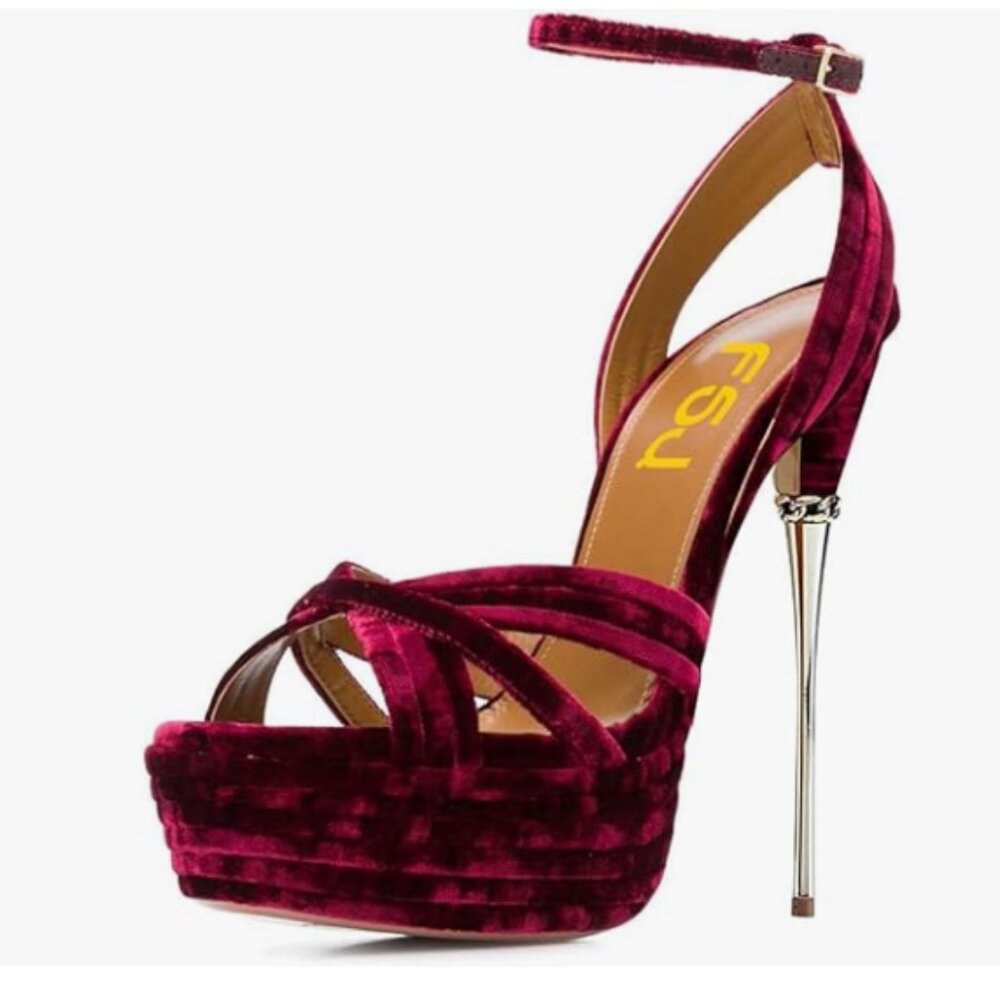 FSJ Wine Velvet Strappy Open Toe Ankle Strap High Metallic Heel Platform Sandals